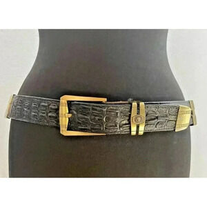 Veretta Leather Belt Vintage Crocodile Sz LG, Mexico black w brass accents